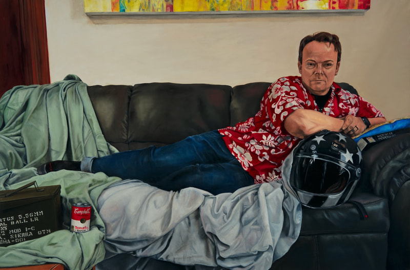 Brodalisca depicts a man reclining on his left side, propped up by a motorcycle helmet. He sports a red floral shirt, and there is dull green lunchbox at his feet. 