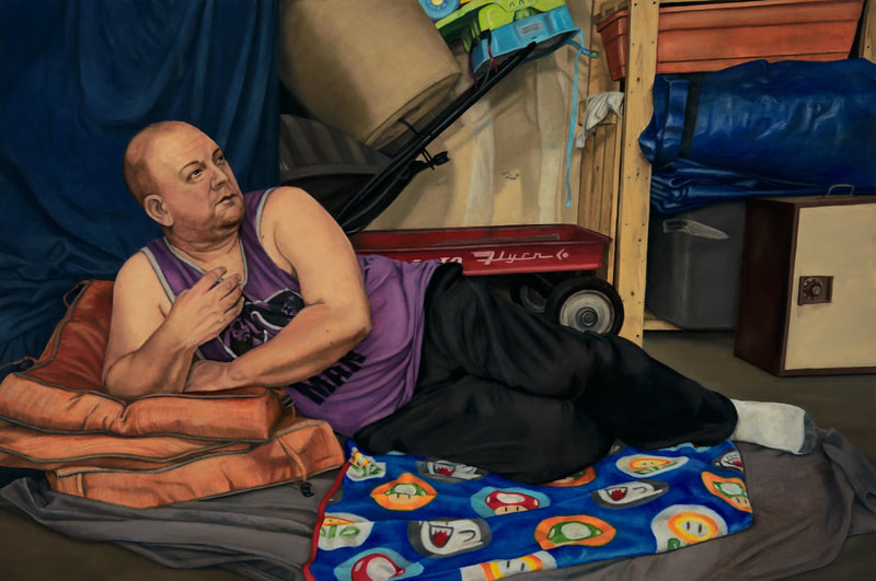 Brodalisque Reclining in the Garage depicts a man draped over orange cushions on a cement floor covered in drapery. He wears a sleeveless violet shirt, black sweatpants, and he gazes over his left shoulder. 