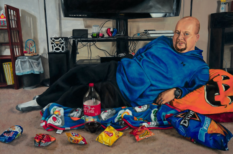 Brodalisque with Black Trousers features a man in a blue sweatshirt lounging on the beige floor in front of a large television. He rests atop a Nintendo blanket and jack-o-lantern pillow while surrounded by snacks.