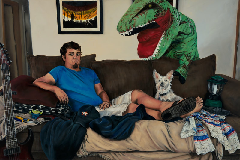 Brolympia includes a bro who leans on his right elbow with both his feet propped up on a brown couch covered with drapery. A small white dog sits at his feet, while a person in an inflatable dinosaur costume stands behind the sofa. 
