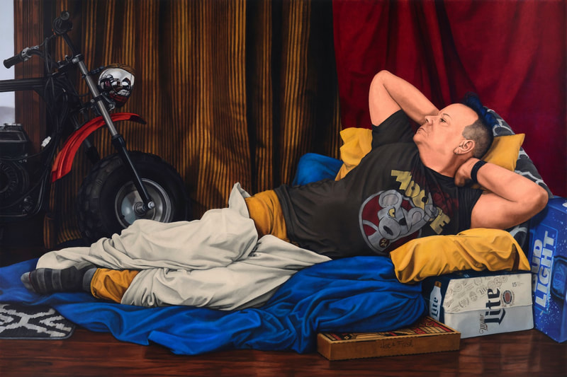 Brodalisque with Minibike features a languid man draped over a pile of pillows, cases of cheap beer, and a pizza box. His arms are behind his head, white fabric wraps around his legs, and he looks over his right shoulder toward a red and black minibike.